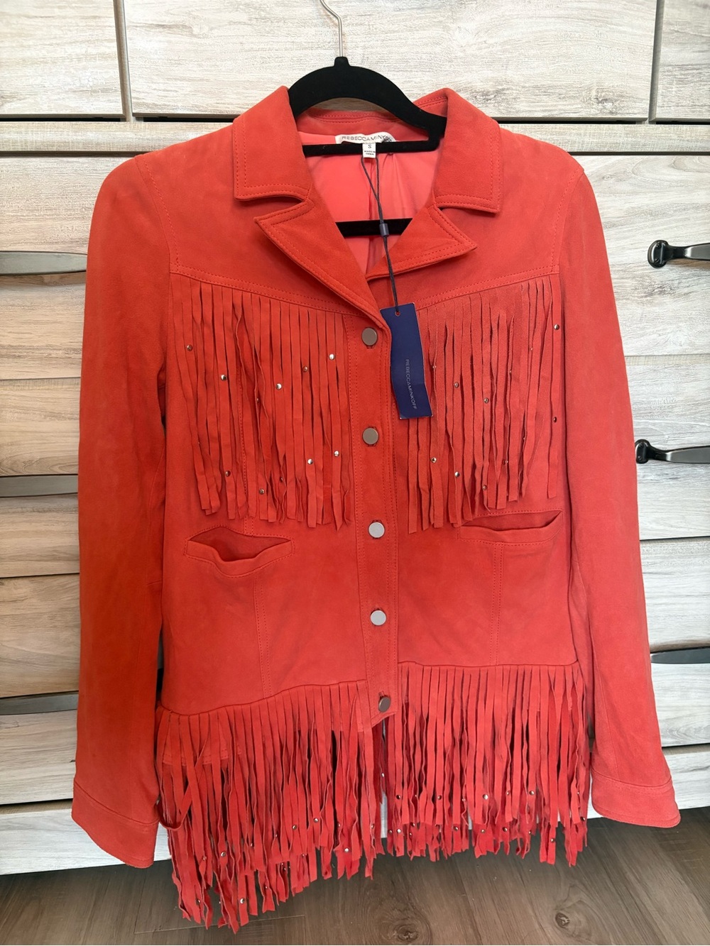 Rebecca Minkoff Suede Fringe Jacket in Coral